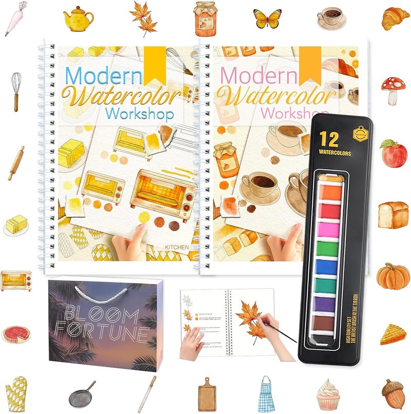 apolyone Watercolor Workbooks- 2 Pack Beginner Workbooks with 24 Coloring Book Pages - 12 Color blocks and a Brush - Watercolor Paper 300gsm/140lb - Gift for Women, Adults, Beginners (Autumn & Kitchen) - Image 1